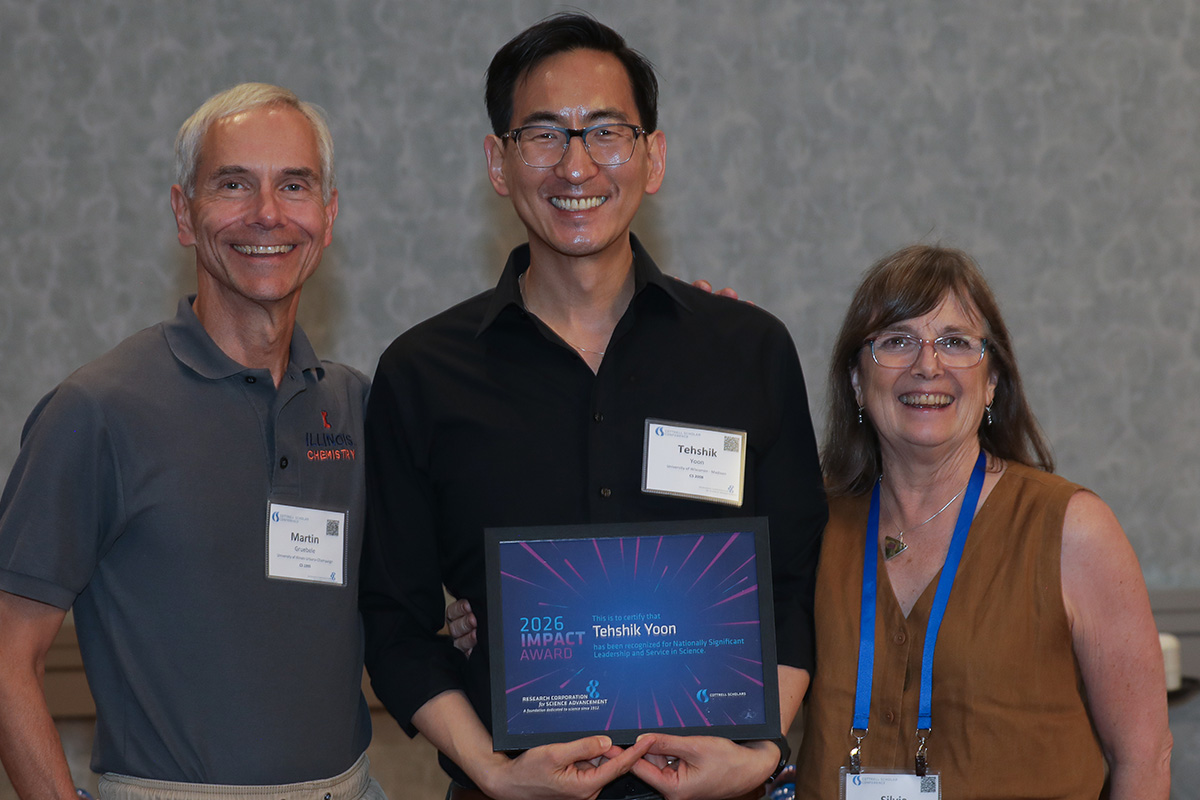 three people in a posed award photo at the 2026 Cottrell Scholars Conference